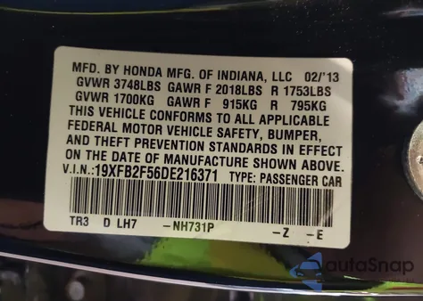 2013 Honda Civic Lx from USA, damaged, VIN 19XFB2F56DE216371